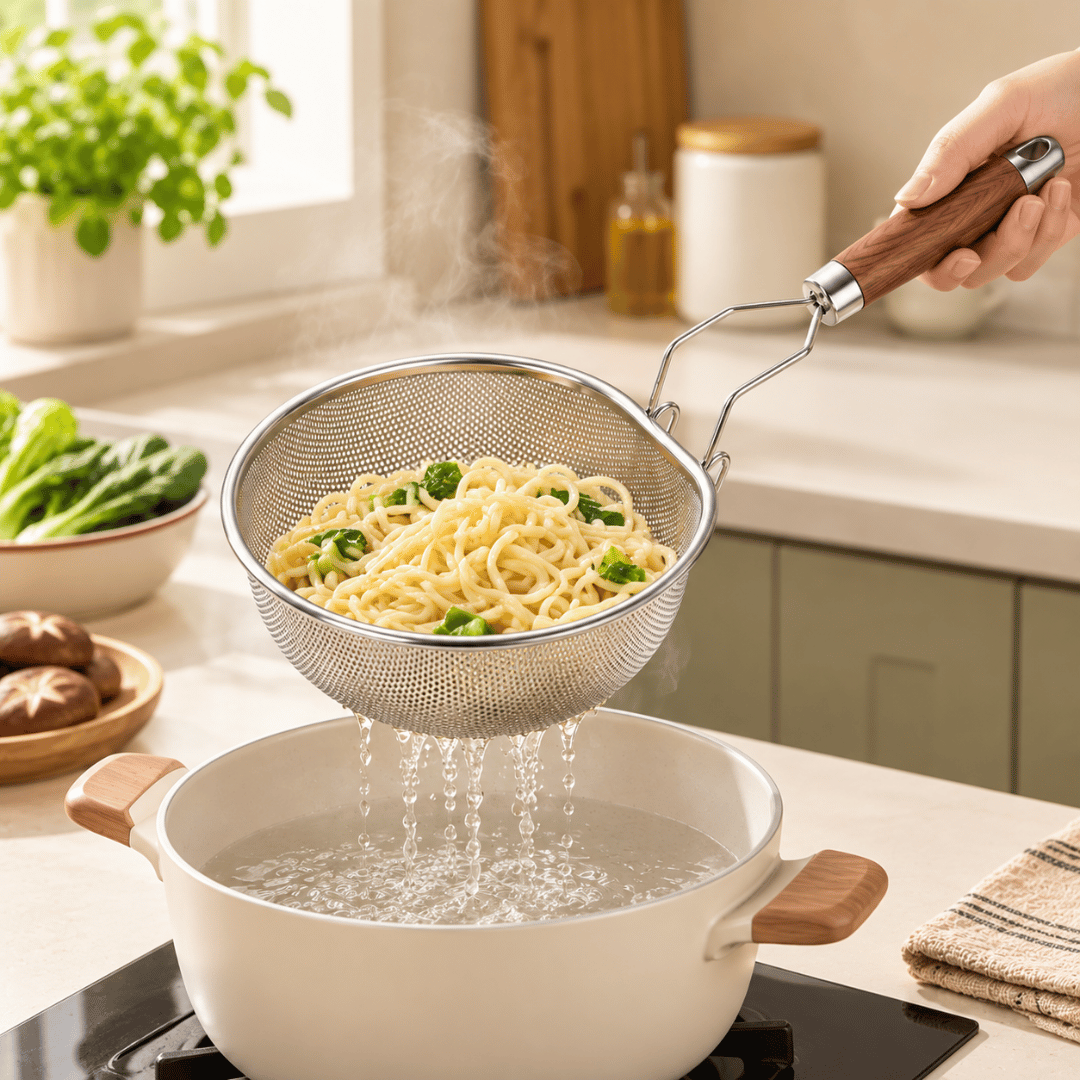 Premium Stainless Steel Noodle Strainer with Faux Wood Handle and Hanging Hook