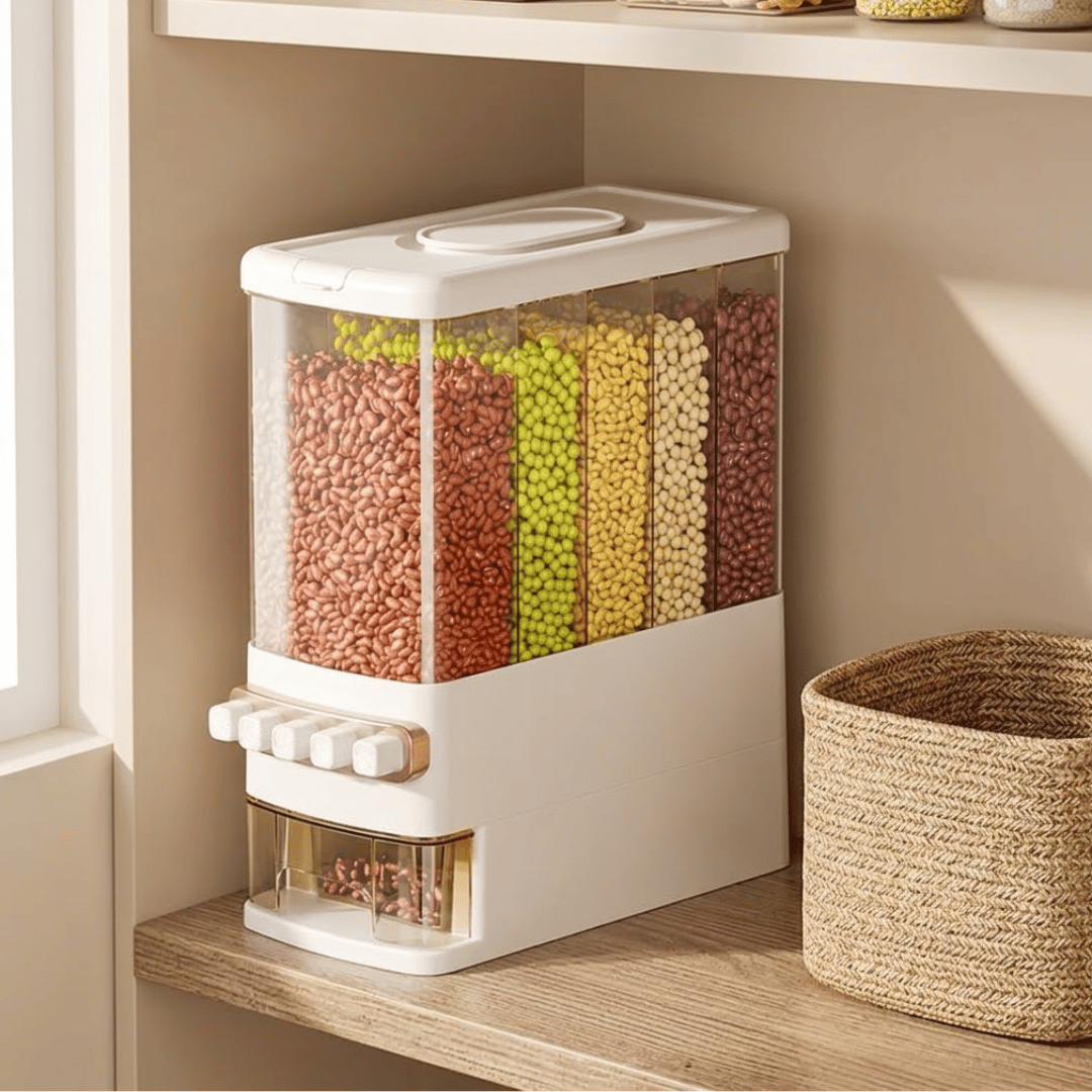 5 Grid Airtight Grain Dispenser with Push Button & Measuring Cup