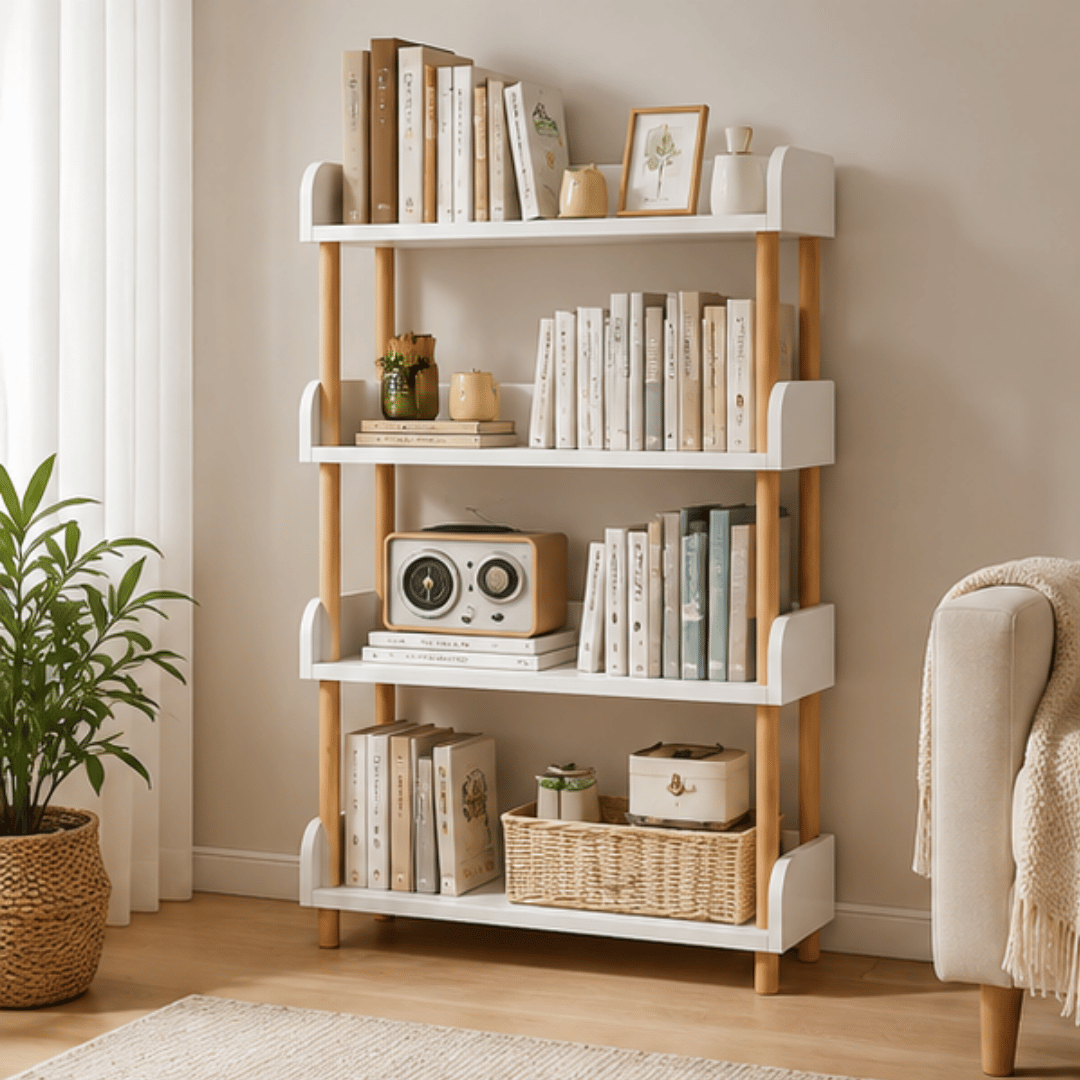 Elegant Floor Standing Display Shelf with Upright Storage and Beech Wood Legs