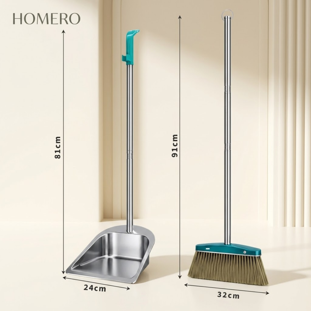 Heavy Duty Stainless Steel Soft Bristles Broom Dustpan Set