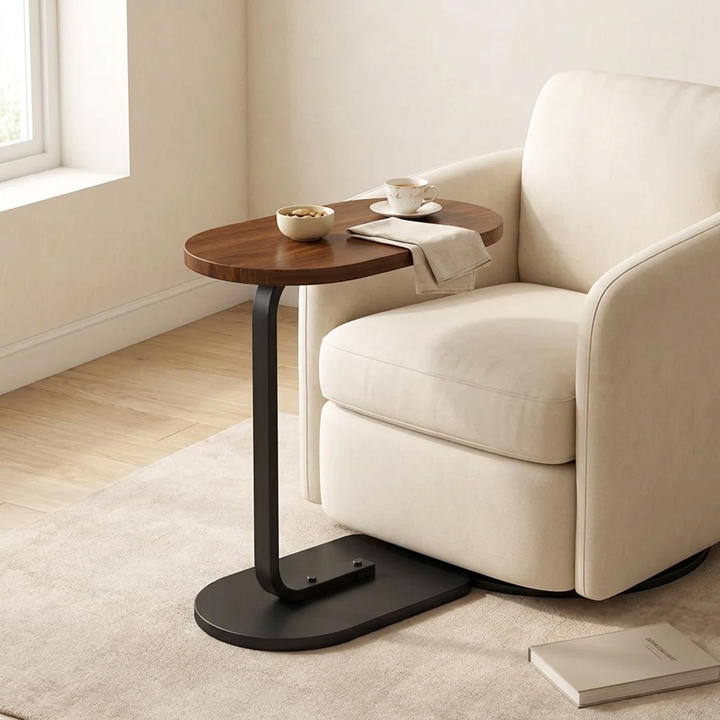Homero Modern C Shaped Wooden Metal Side Table