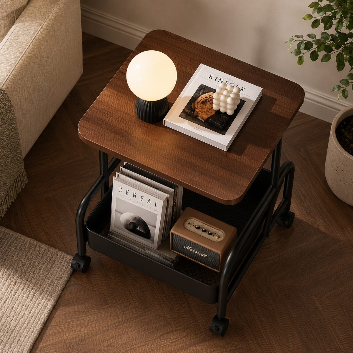 2-Tier Multi Purpose Utility Trolley Table with 360° Wheels