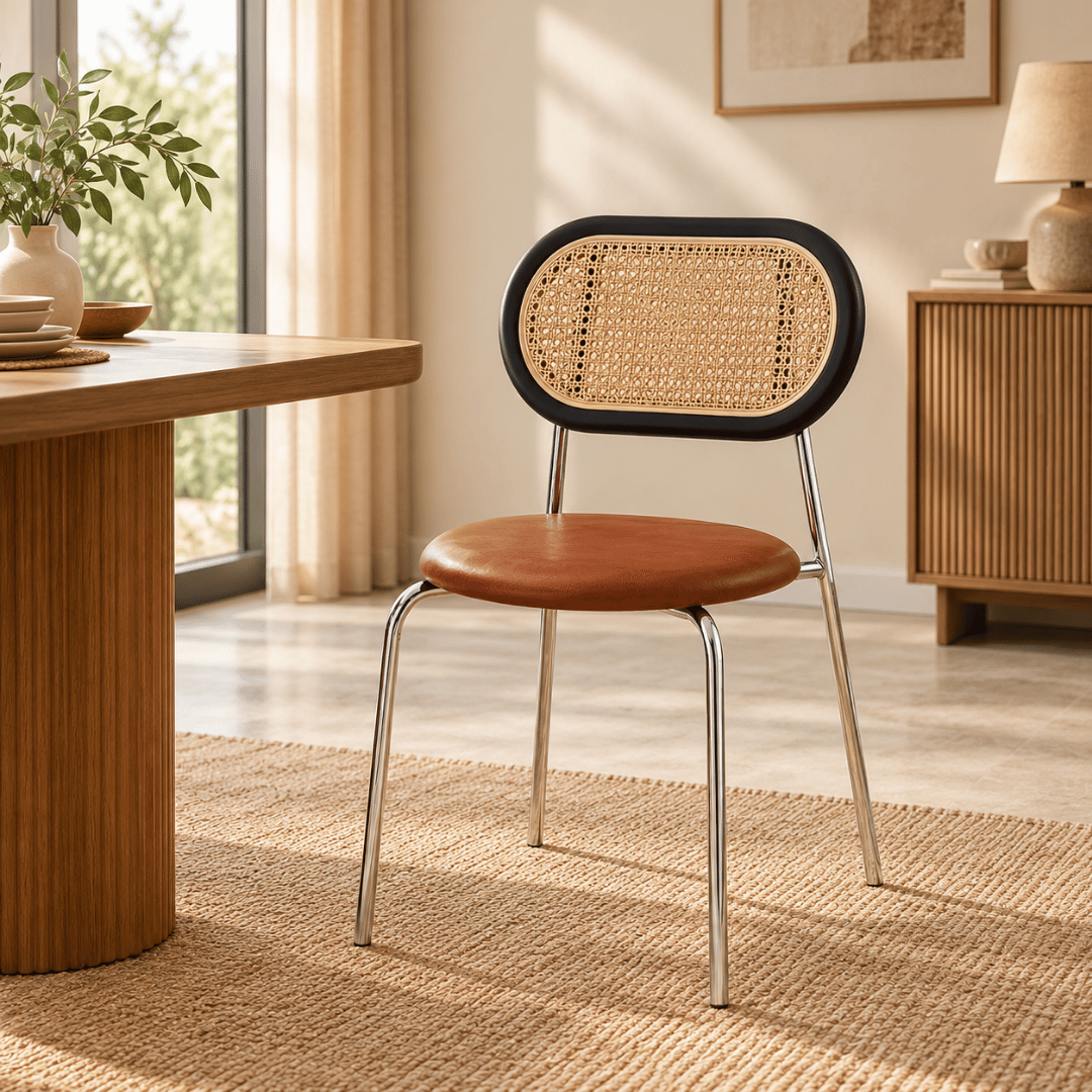 Elegant Rattan Ergonomic Backrest PU Leather Cushion Chair