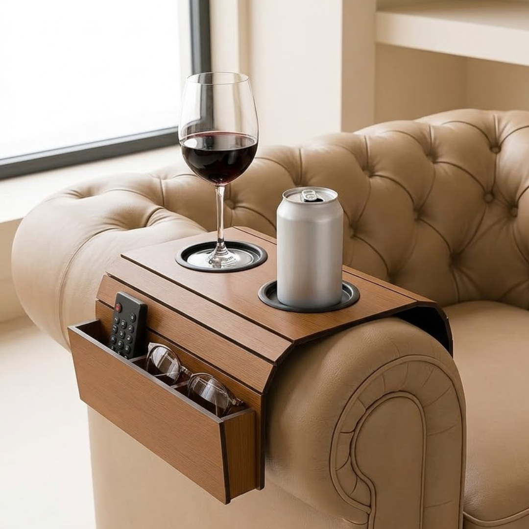 Flexible Wooden Sofa Armrest Tray Table With Dual Cup Holders And Remote Storage