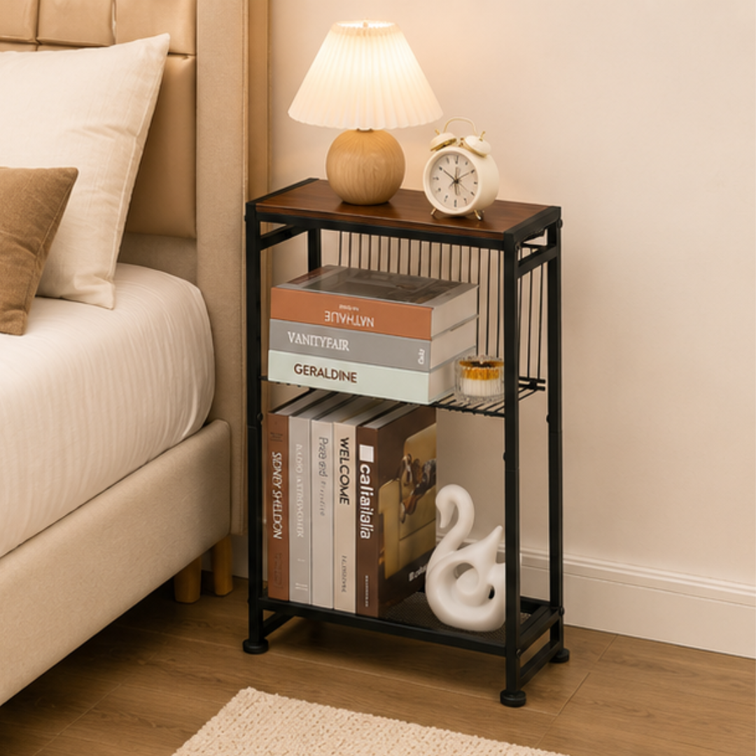 3-Tier Compact Bedside End Table with Magazine Holder and Metal Mesh Shelf