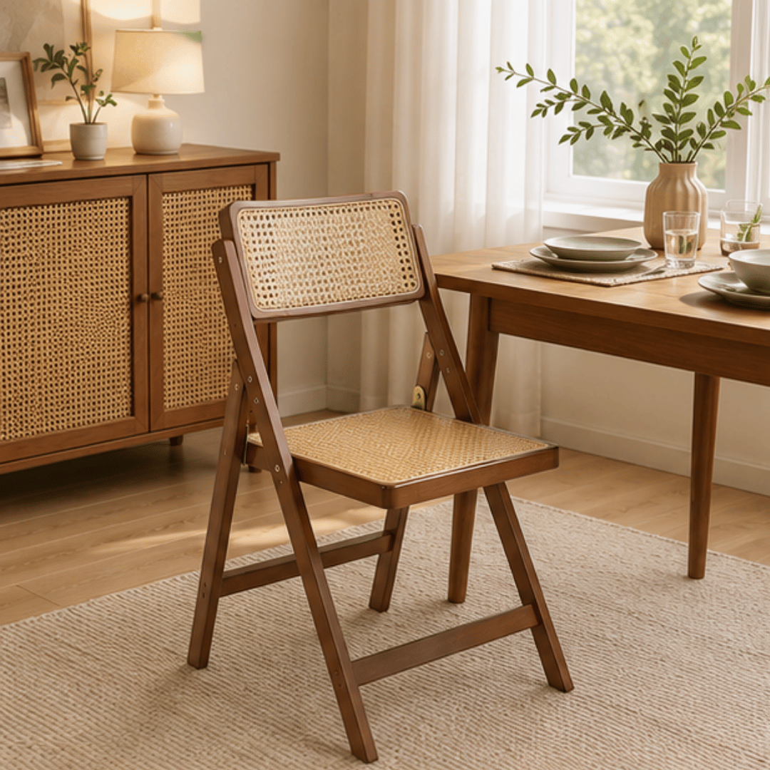 Solid Wood Frame Ergonomic Seating Rattan Folding Chair