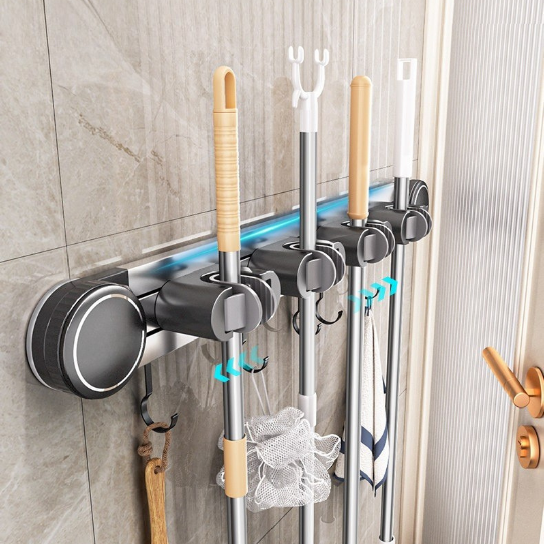 Wall Mounted Sliding Mop and Broom Holder Organizer with Strong Suction Cup