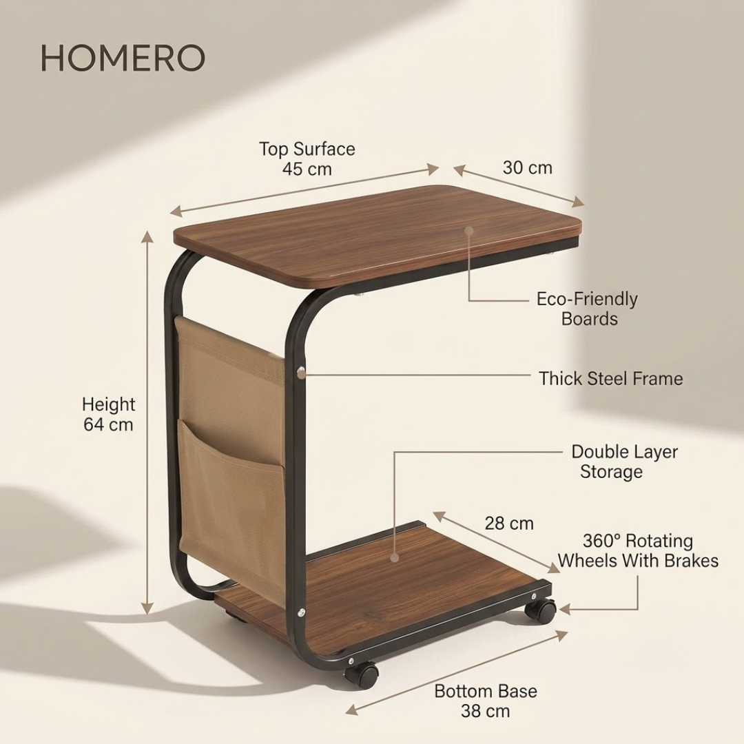 Multipurpose Double Layer C Shaped Wheeled Side Table