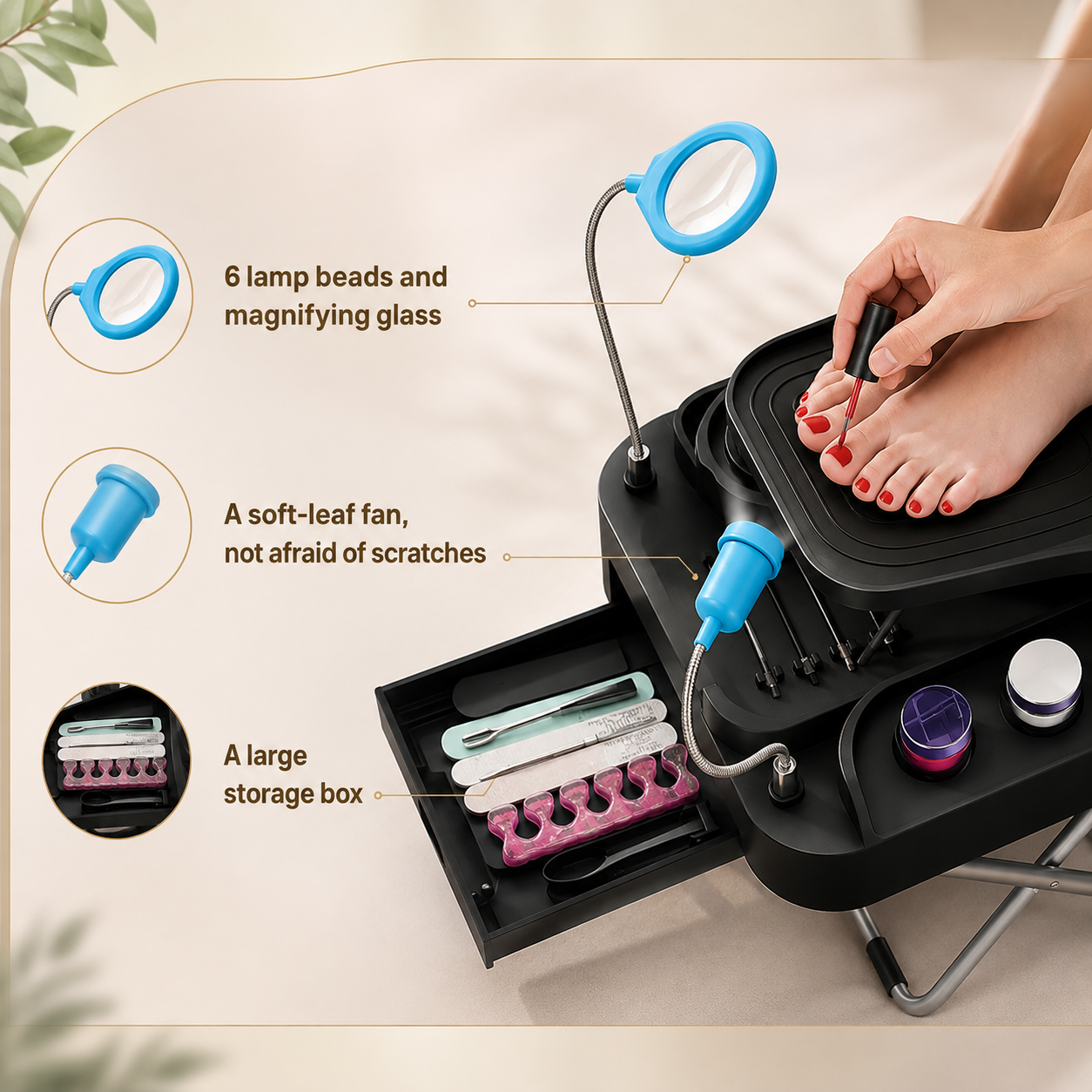 Portable Pedicure Foot Rest Stool with Fan & LED Magnifier