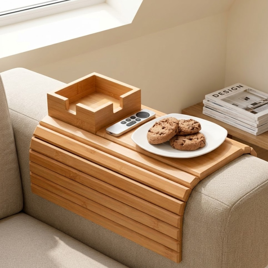 Bamboo Couch Armrest Tray Table with Cup Holder & Snack Organizer