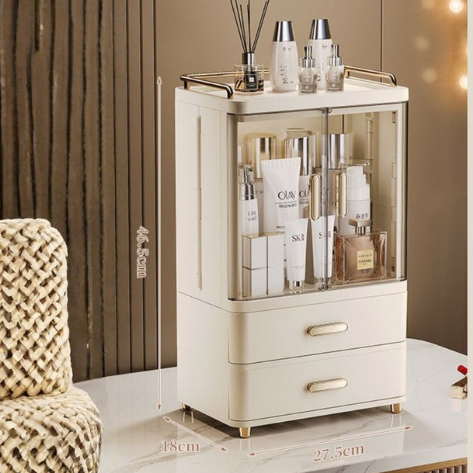 Multipurpose Makeup Organizer Cabinet With Transparent Double Doors And Drawer Storage