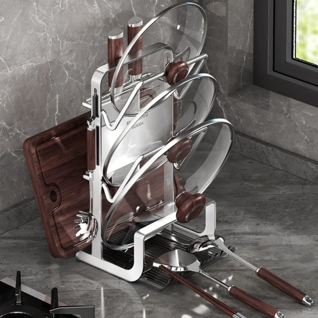 HOMERO Wall Mount Design Multifunctional Stainless Steel Pot Lid Rack with Drip Tray