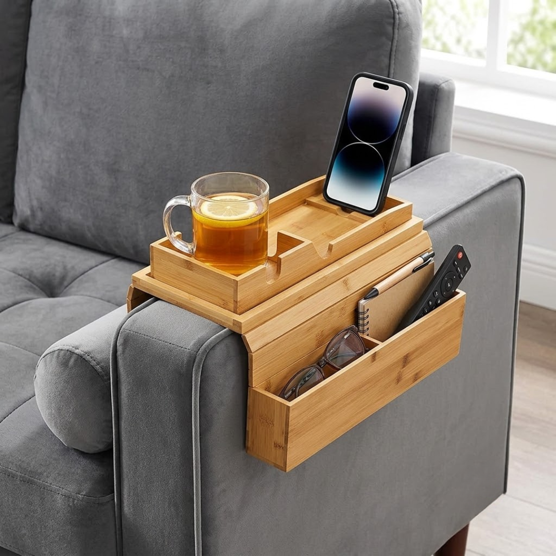 Multipurpose Adjustable Bamboo Couch Armrest Tray with Cup Holder and Organizer