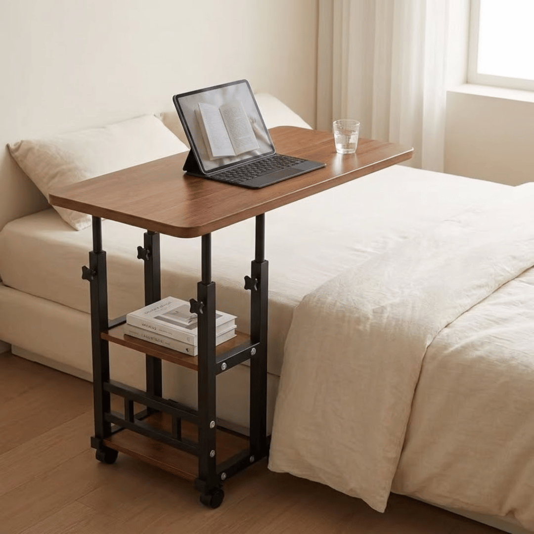 Adjustable C Shape Mobile Laptop Stand Table with Storage Shelves & Wheels