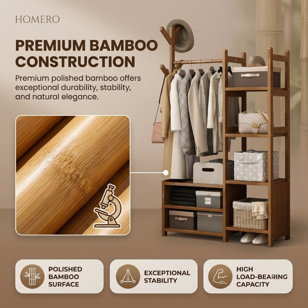 Multi Storage Bamboo Clothes Rack Open Wardrobe with Hanging Rail Shelves