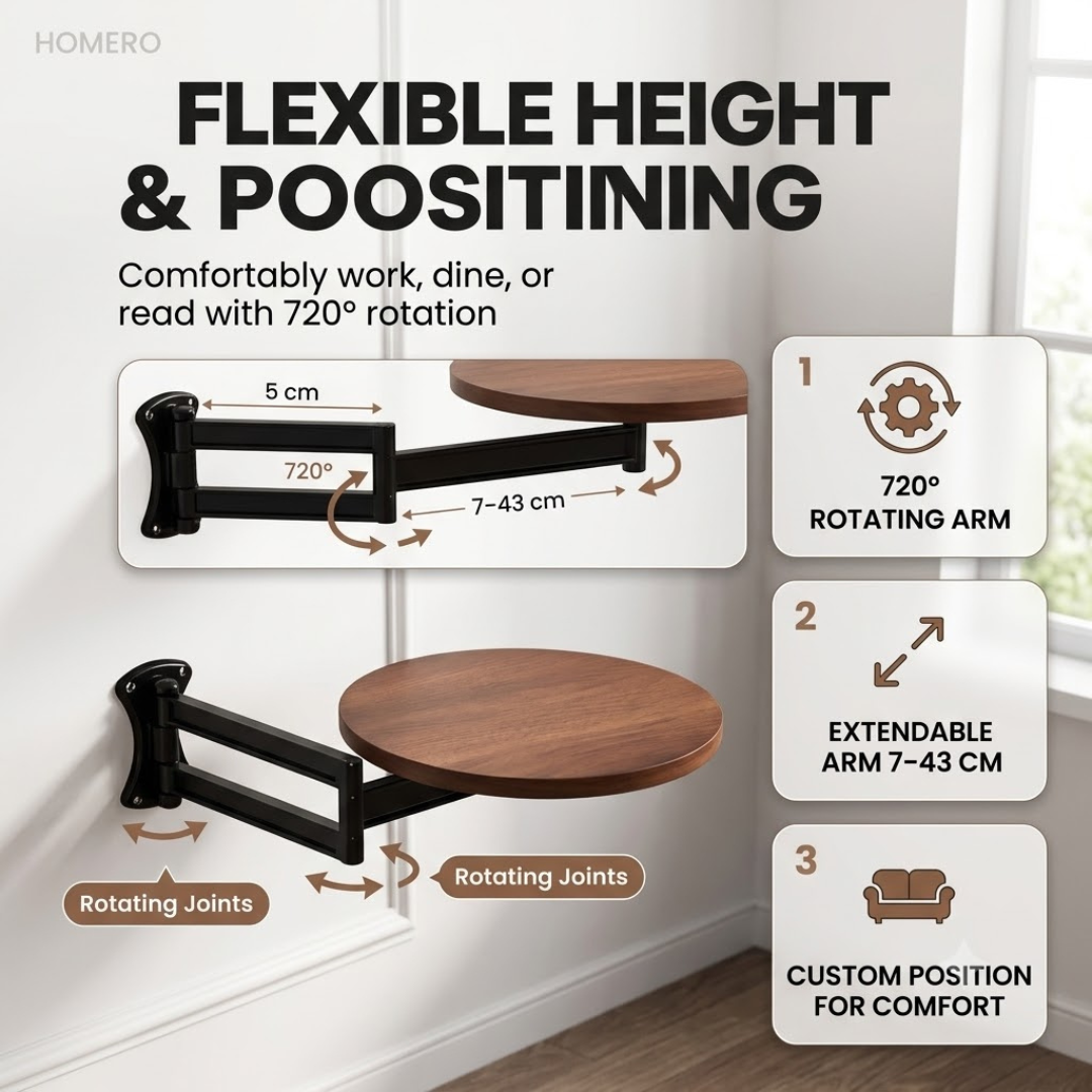 720° Rotating Adjustable Wall Mounted Folding Wooden Utility Shelf Table