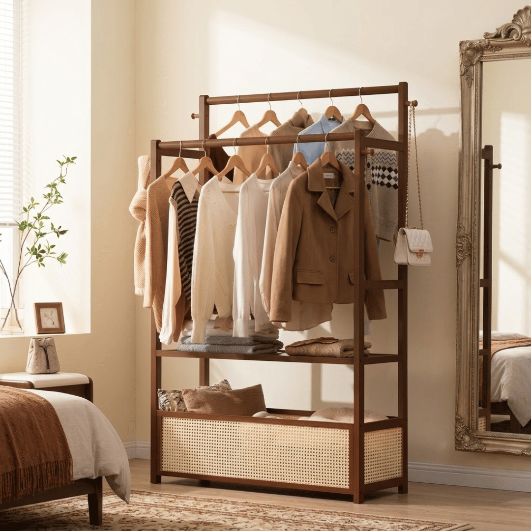 Multifunctional Bamboo Garment Rack with Double Hanging Rods & Rattan Cabinet Storage Shelf