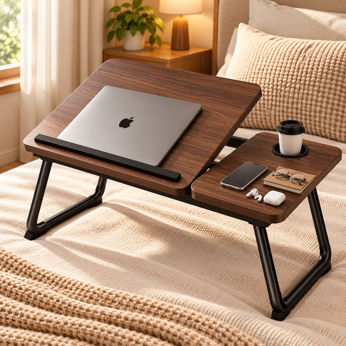 Multi Purpose Laptop Bed Study Desk with Adjustable Angles & Cup Holder