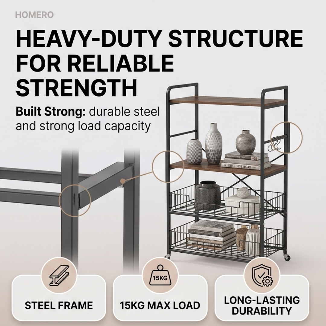 4 Tier Rolling Kitchen Storage Rack with Wooden Shelves & Wire Baskets