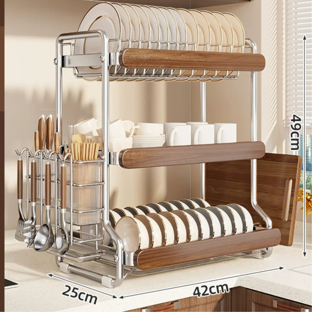 Premium Stainless Steel Dish Drying Rack with Solid Wood Storage Organizer