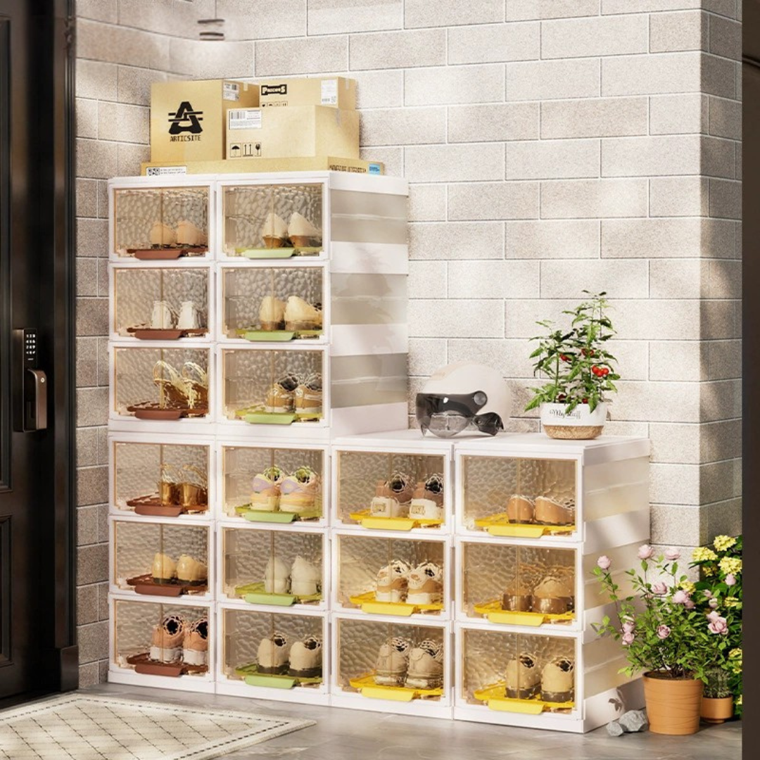 Transparent Door Foldable Stackable Plastic Shoe Rack Organizer
