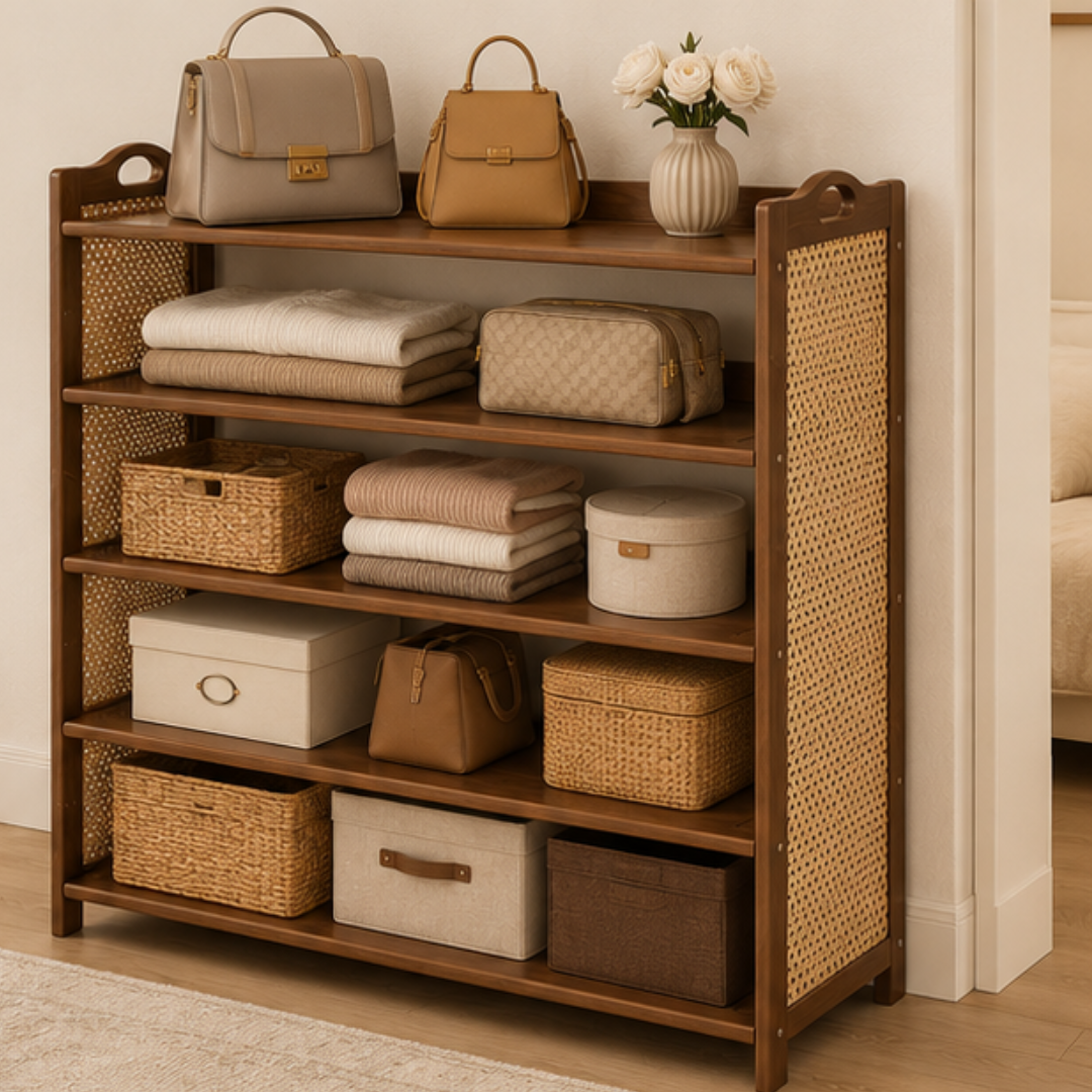 5 Tier Bamboo Shoe Rack with Woven Rattan Panels