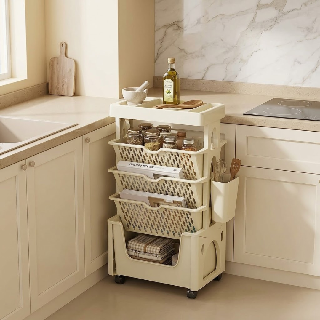 5 Tier Rolling Bookshelf Organizer with Removable Baskets Wheels