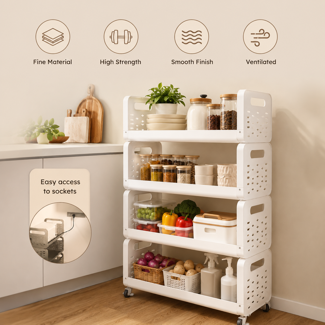 HOMERO Space Saving Utility Storage Rack with Wheels and Ventilated Shelves 4 Layer