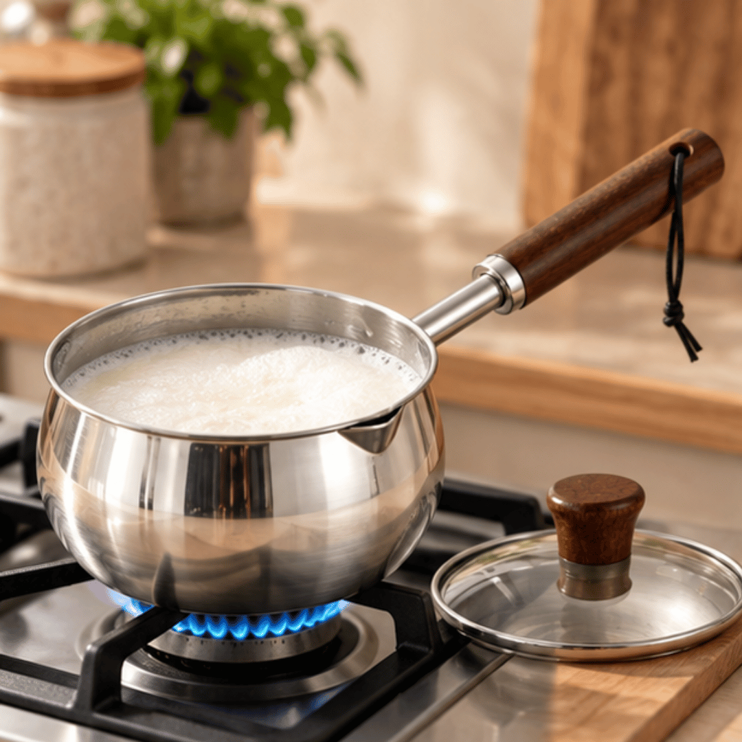 Premium Stainless Steel Small Milk Saucepan with Wooden Handle Glass Lid