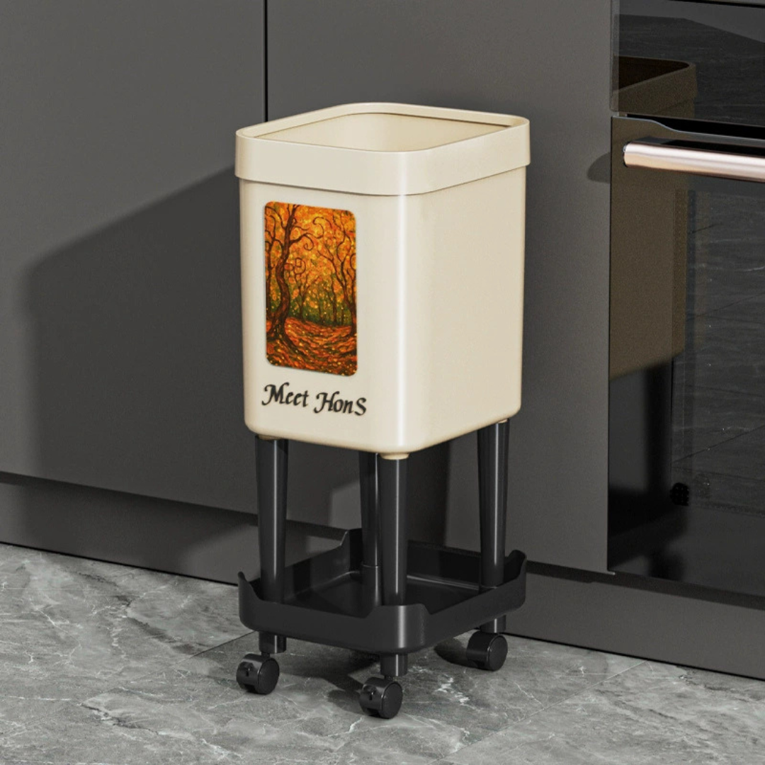 Elevated Rolling Kitchen Trash Bin with Storage Shelf