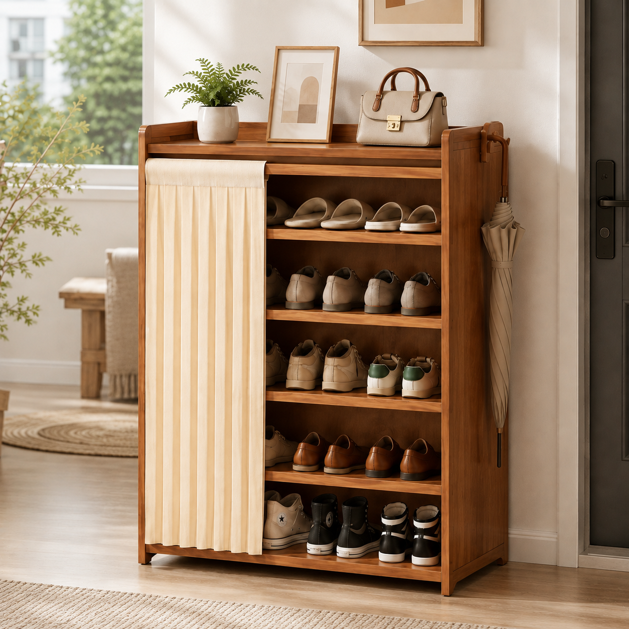 Multi Layer Bamboo Shoe Rack Cabinet with Dustproof Curtain
