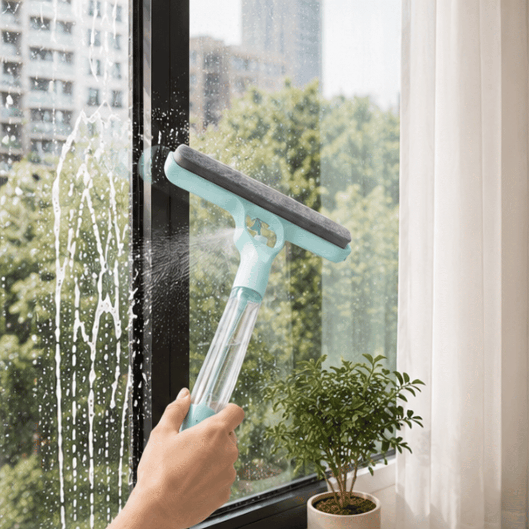 3 in 1 Handheld Glass Cleaning Spray Squeegee Brush Window Wiper with Integrated Bottle