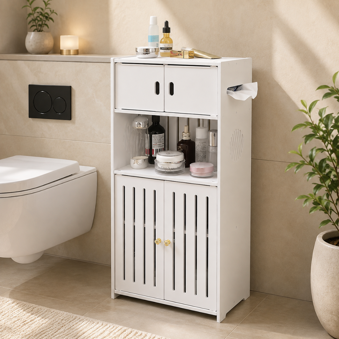 Multi-Use Storage Cabinet with Tissue Dispenser Shelves and Doors