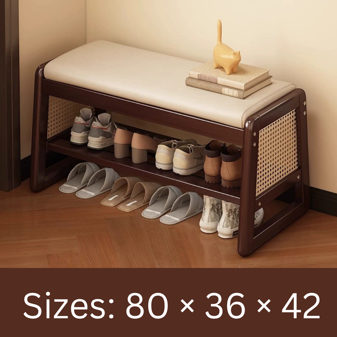 HOMERO Elegant Rattan Design Premium Wooden Shoe Storage Bench - 2 Tier