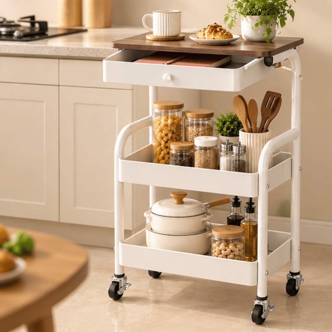 3-Tier Wooden Top Rolling Storage Trolley with Drawer and Wheels