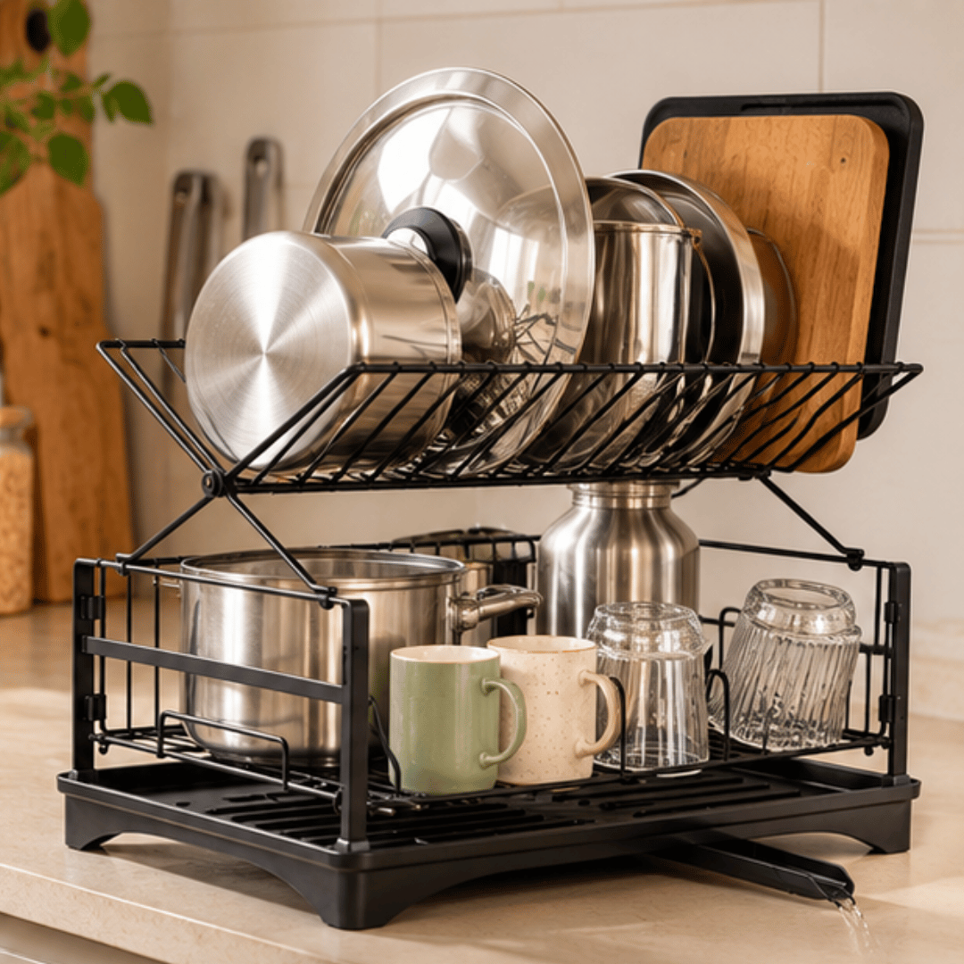 Two Tier Black Carbon Steel Dish Drying Rack with Swivel Drainage Spout