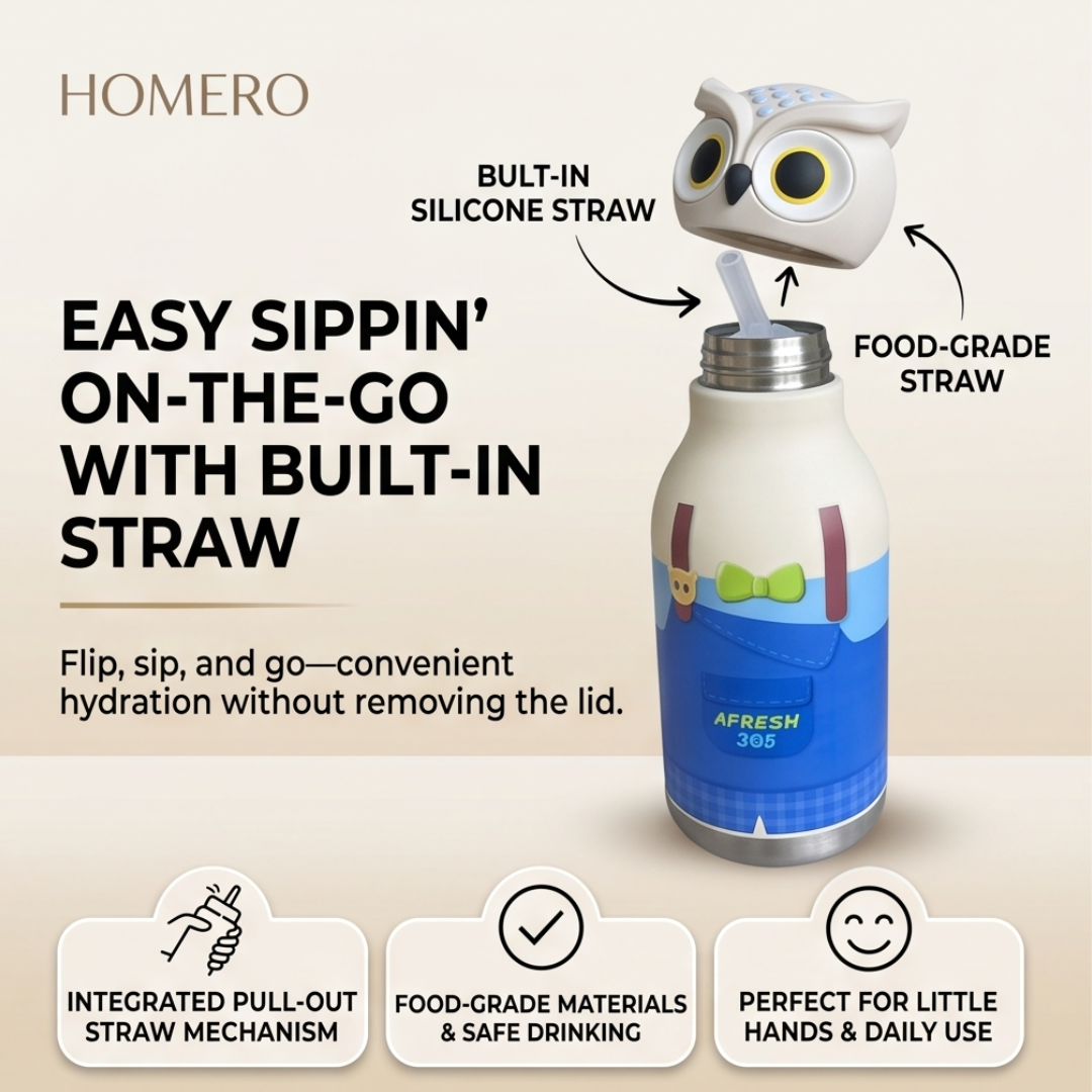 Cute Owl Stainless Steel Leakproof Sipper Drinking Bottle with Straw