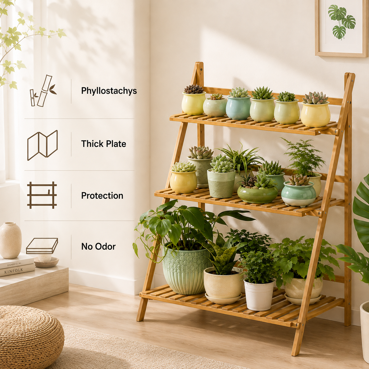 Homero 3 Tier Bamboo Folding Ladder Plant Stand Wide Display Rack - 70x40x96 cm