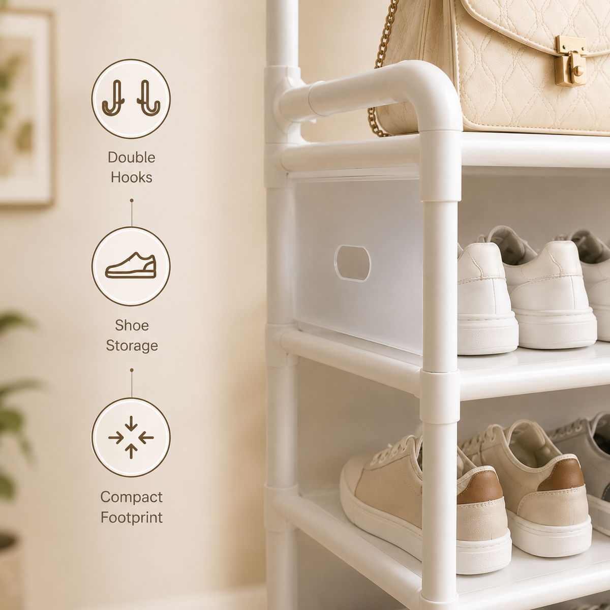 HOMERO 4-Tier Double Row Hooks Coat Rack with Shoe Storage