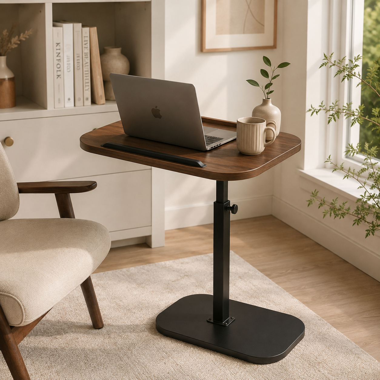 360° Swivel Adjustable C Shape Wooden Top Side Table