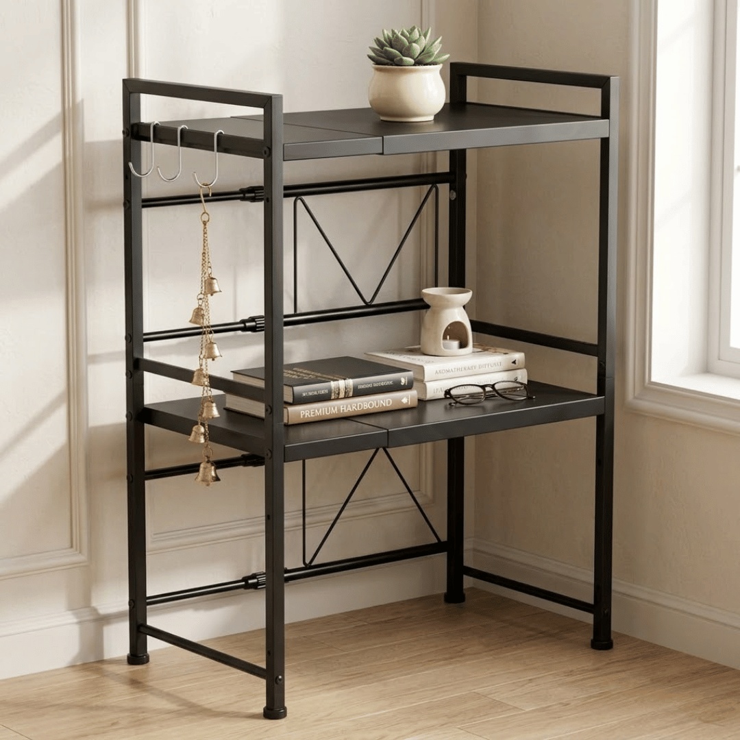 Two Tier Adjustable Microwave Oven Shelf Kitchen Counter Organizer with Hooks