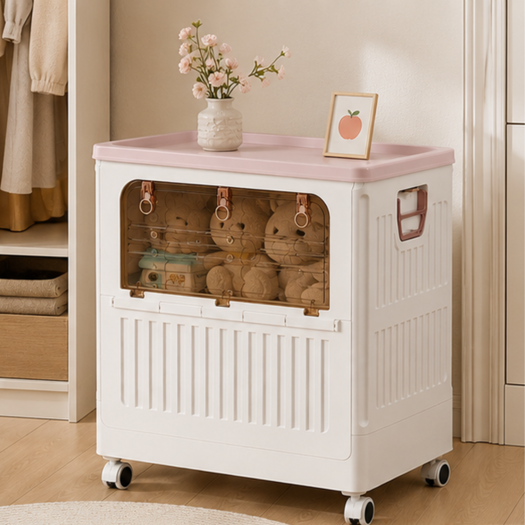 Portable Plastic Clothing Storage Cabinet with Clear Front Opening and Rolling Casters