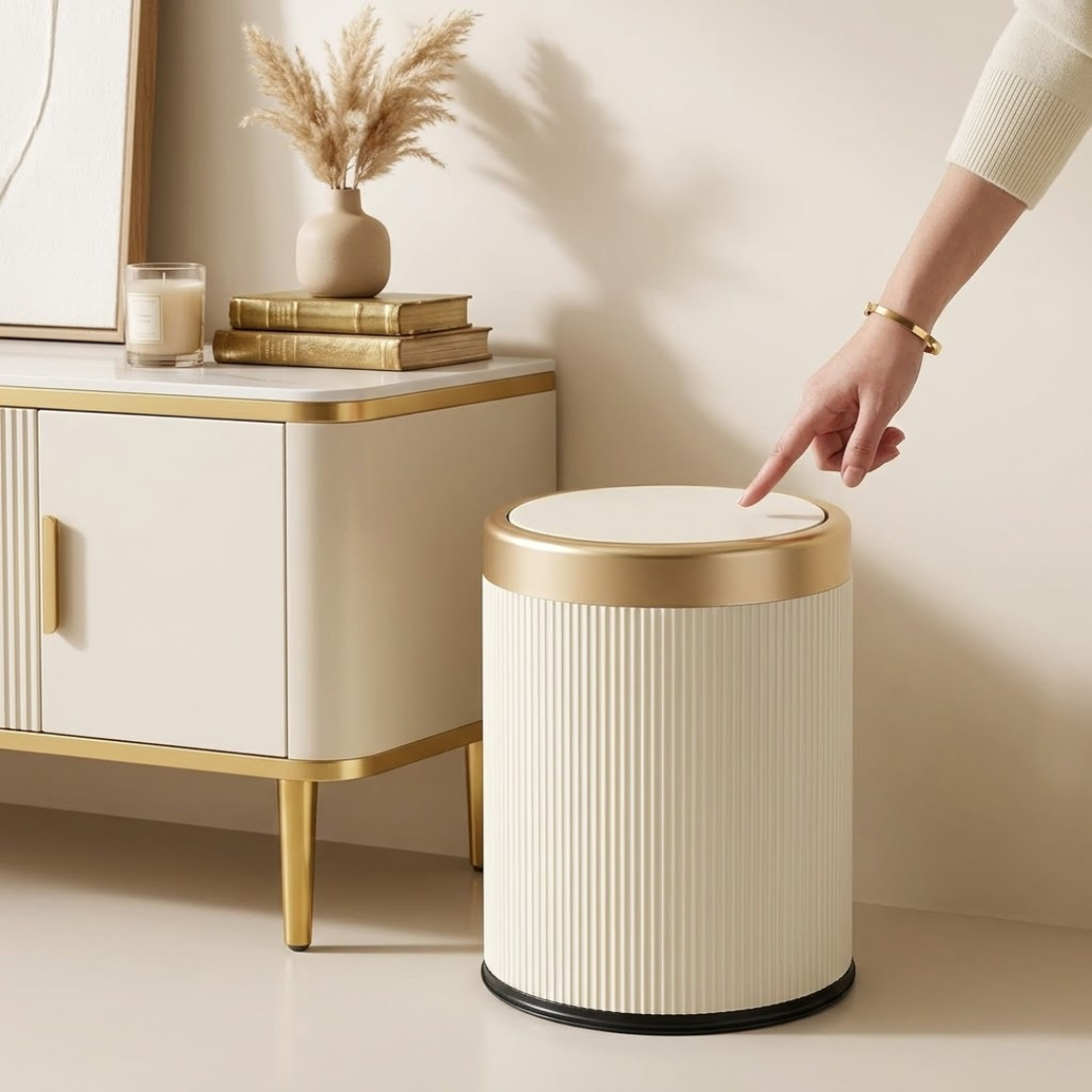 Modern Cream White Dustbin with Inner Bucket and Gold Accents (8L)