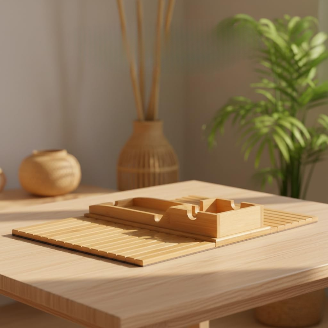 Bamboo Sofa Armrest Tray with Detachable Cup Holder