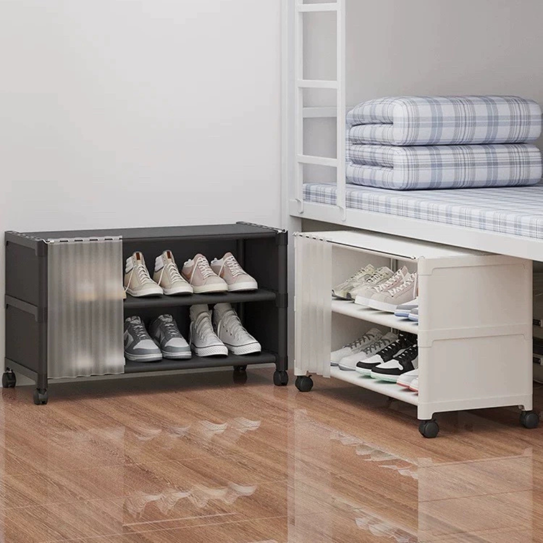 2 Tier Rolling Shoe Rack Organizer with Curtain and Wheels