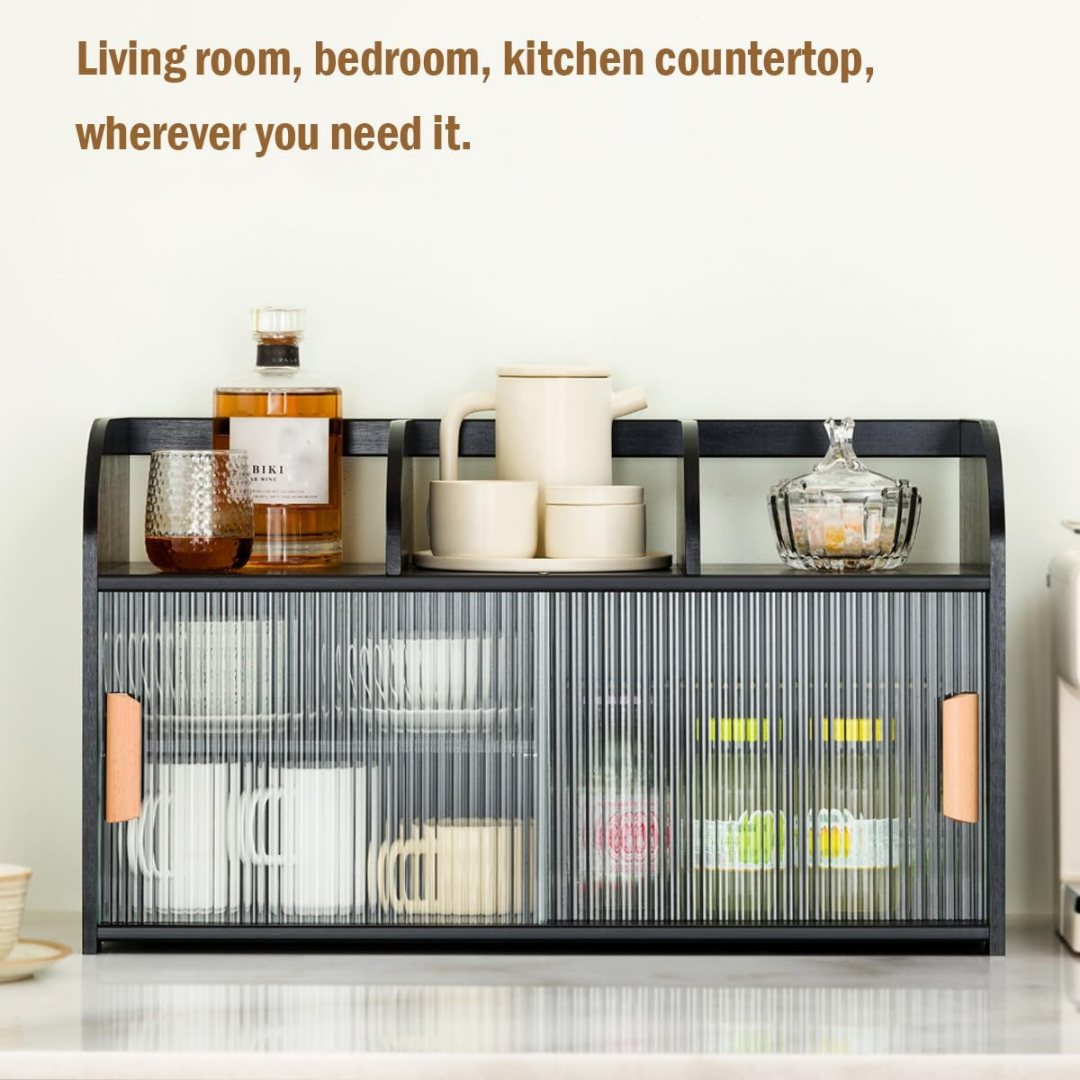Modern Glass Bamboo Countertop Storage Cabinet with Sliding Doors