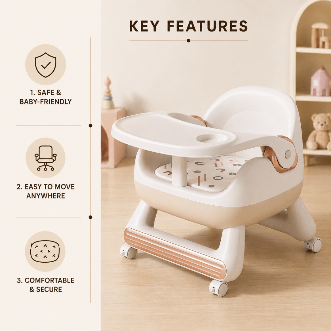 Baby Dining Anti Slip Lightweight Chair with Toddlers Cushioned Seat and Wheels