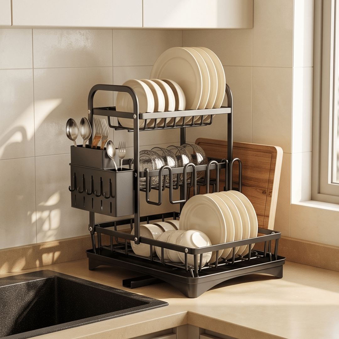 Multi Tier Kitchen Sink Utensil Organiser Detachable Cutting Board Holder Knife Stand Stainless Carbon Steel Triple Layer