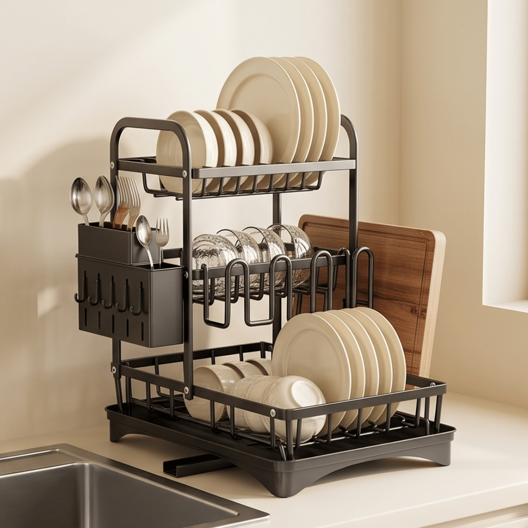 Multi Tier Kitchen Sink Utensil Organiser Detachable Cutting Board Holder Knife Stand Stainless Carbon Steel Triple Layer