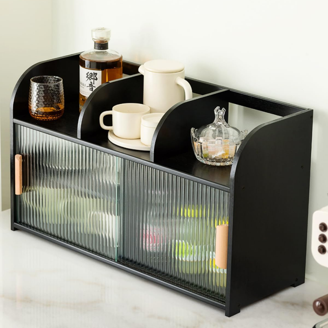 Modern Glass Bamboo Countertop Storage Cabinet with Sliding Doors